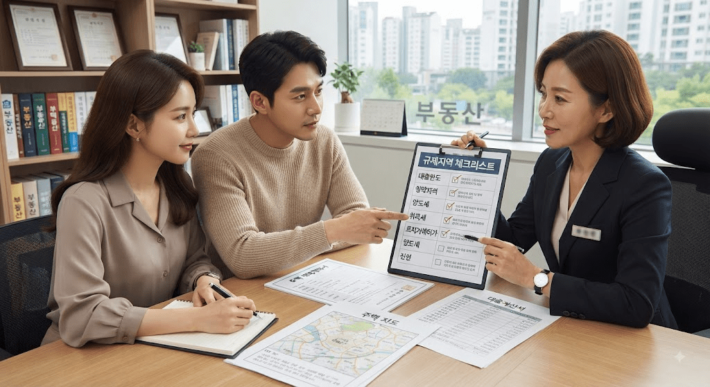 상담사와 신청 서류를 확인하는 부부