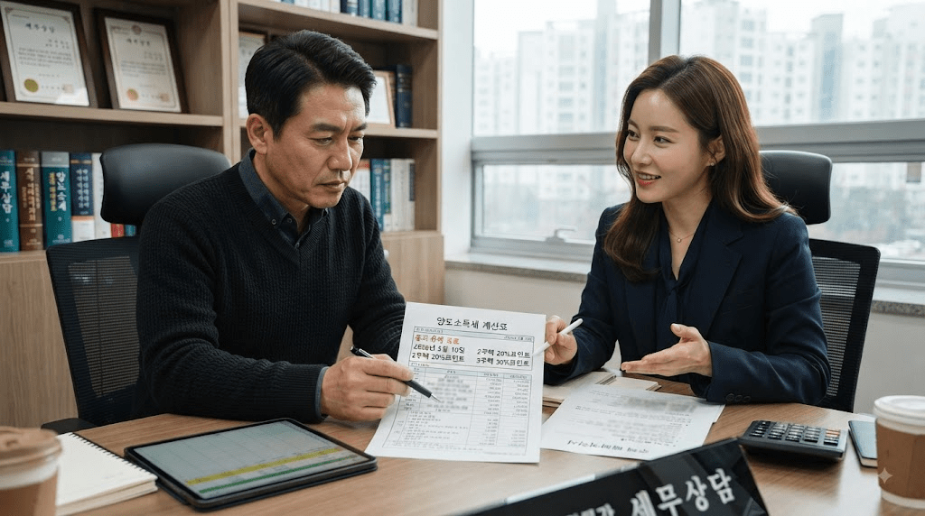상담 창구에서 서류를 함께 검토하는 두 사람