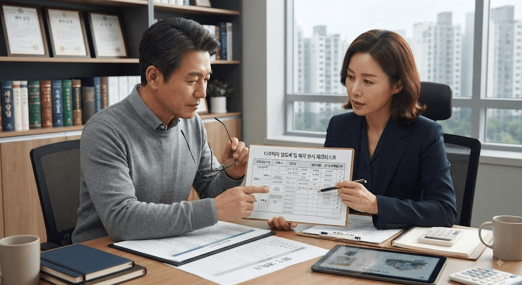 상담 창구에서 서류를 함께 검토하는 두 사람