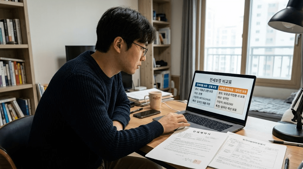 노트북 또는 컴퓨터 화면과 서류를 확인하는 남성
