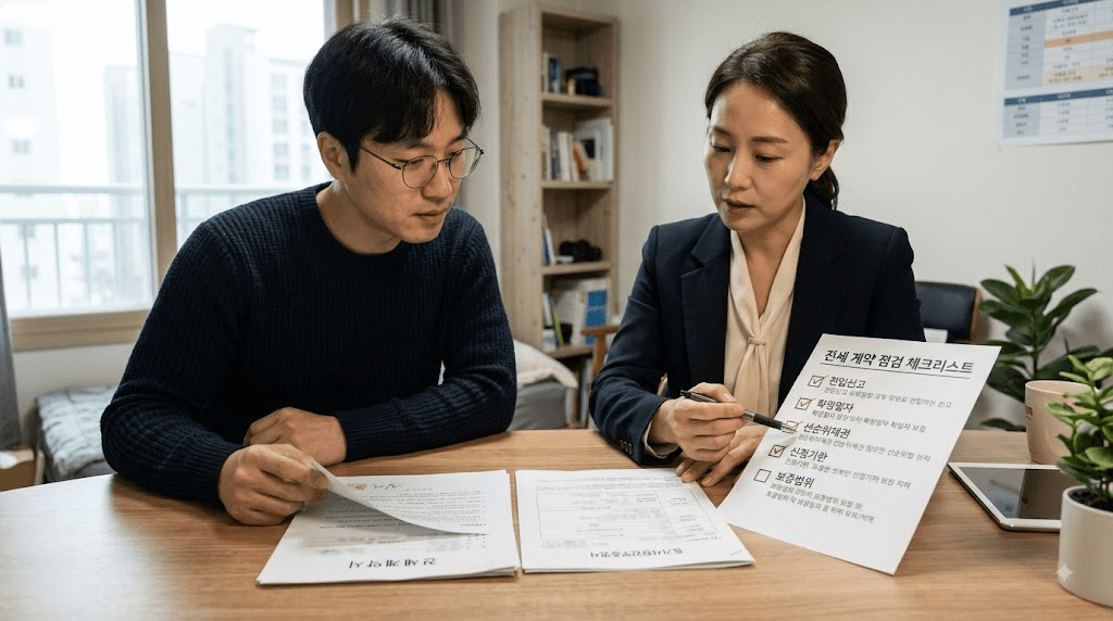 상담 창구에서 서류를 함께 검토하는 두 사람