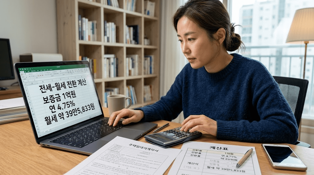 노트북 화면과 서류를 확인하는 여성