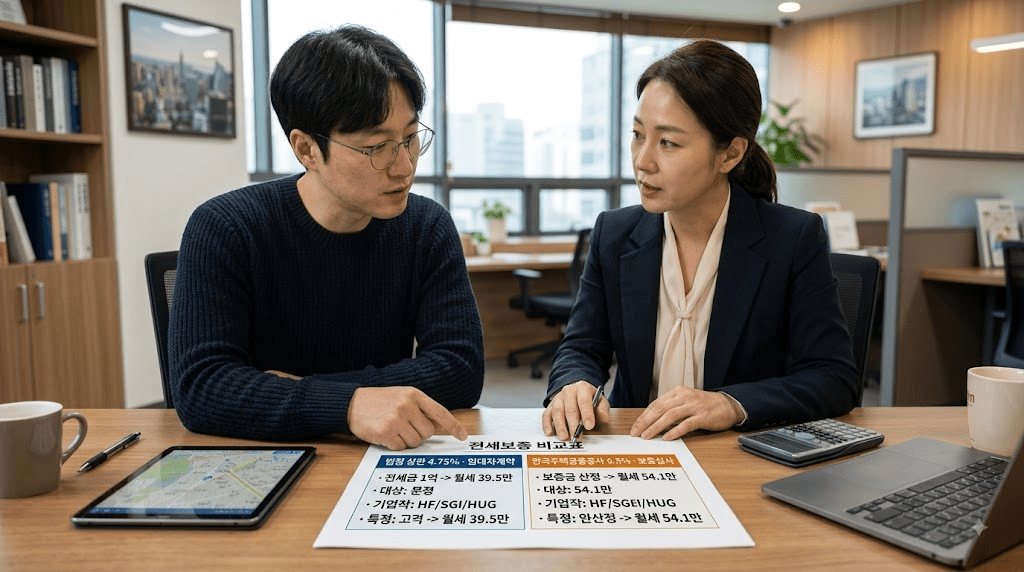 상담 창구에서 서류를 함께 검토하는 두 사람