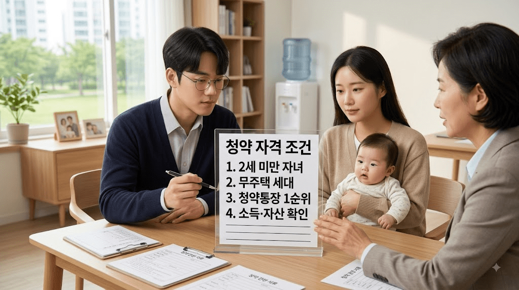 아기를 안고 상담 창구에서 상담하는 가족