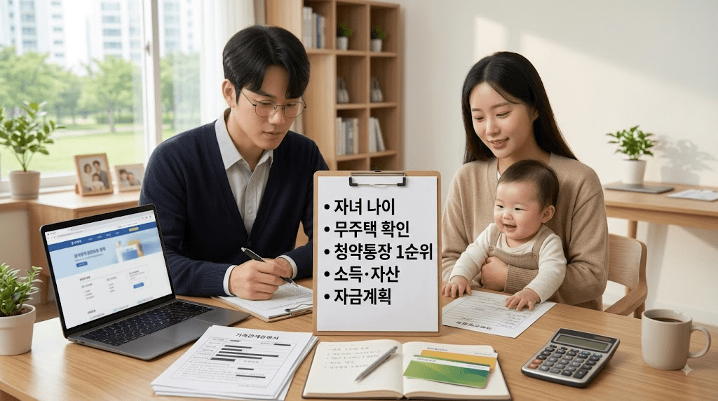 아기 옆에서 신청서를 확인하는 부부