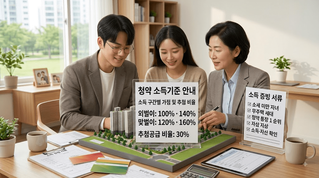 상담사와 신청 서류를 확인하는 부부