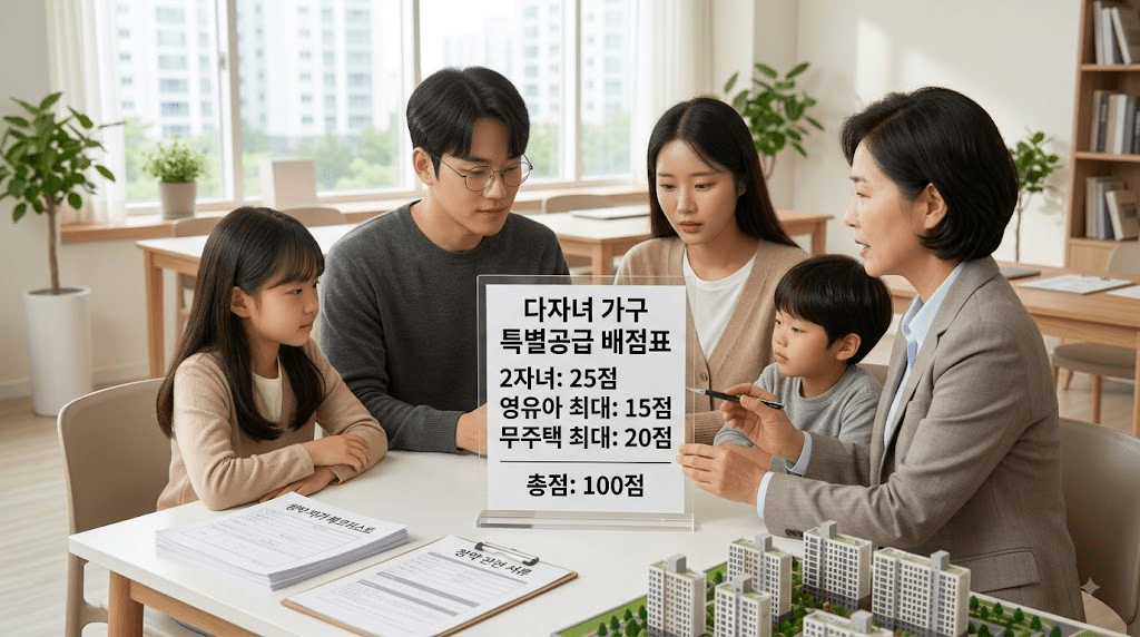 아이들과 함께 주택 상담을 받는 가족