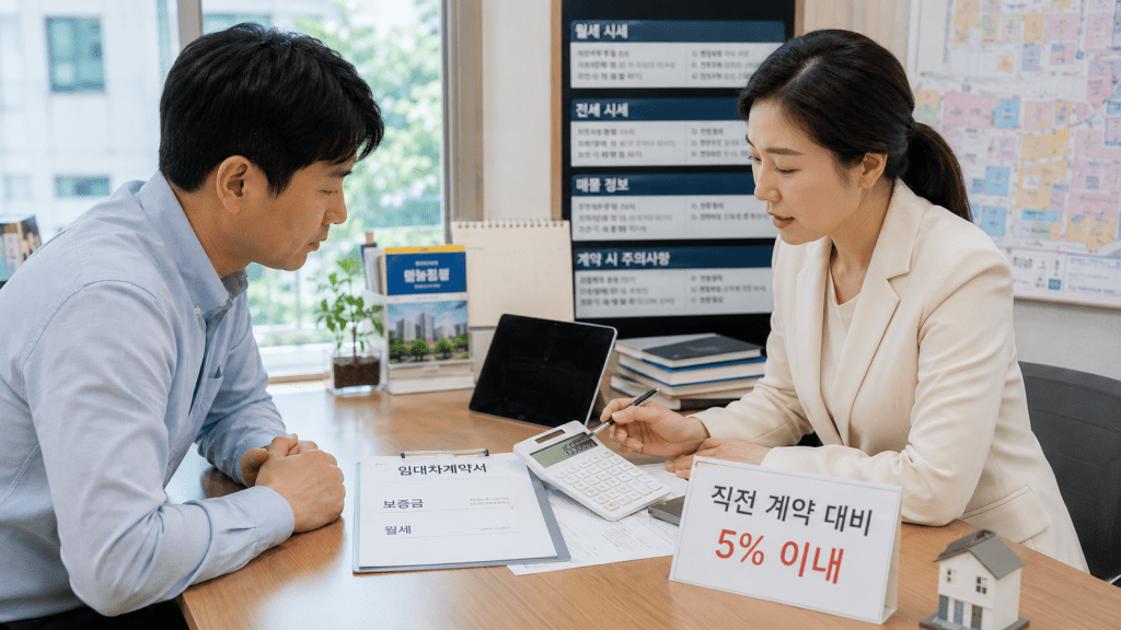 상담 창구에서 서류를 함께 검토하는 두 사람