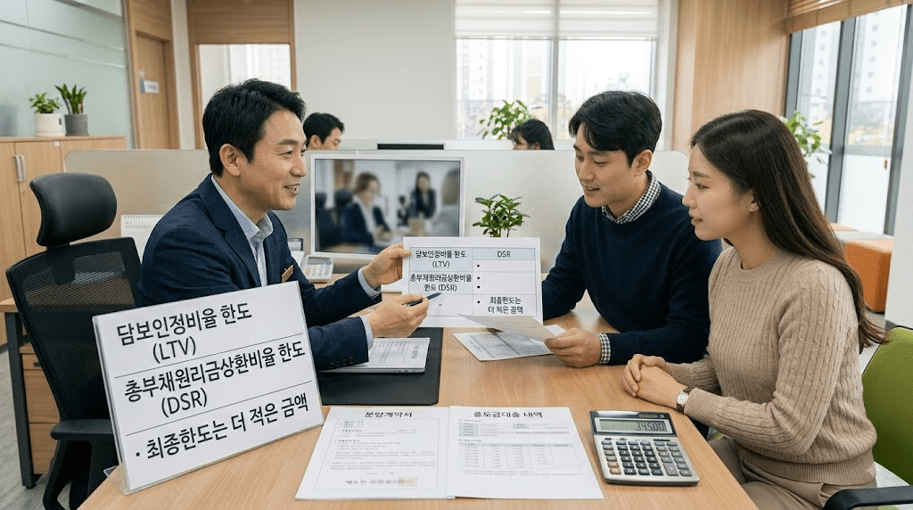 상담 창구에서 서류를 함께 검토하는 두 사람