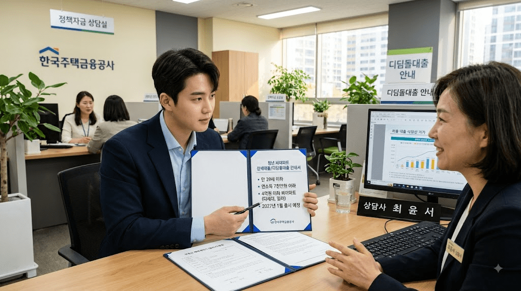 상담 창구에서 서류를 함께 검토하는 두 사람