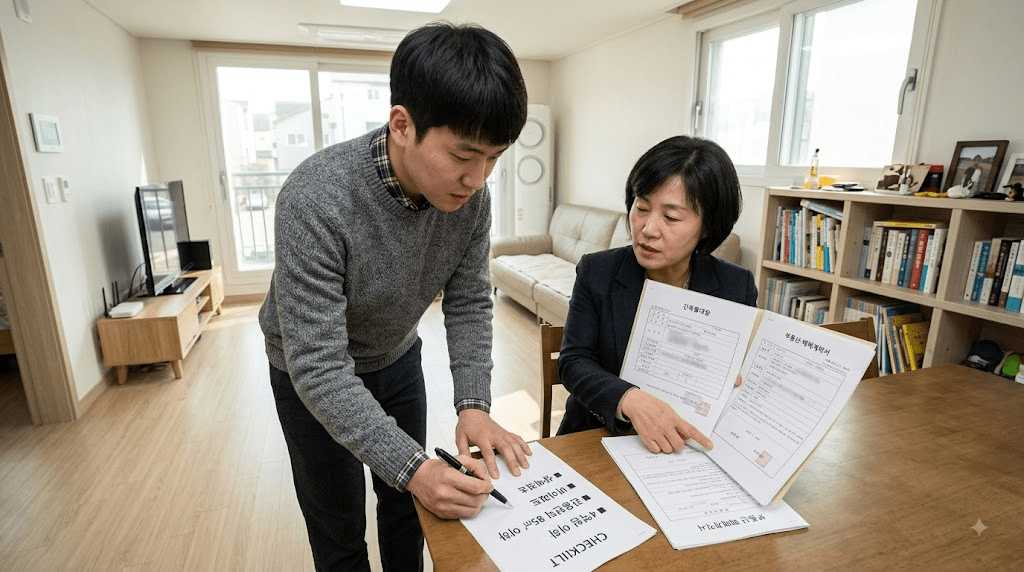서류를 들고 창구에서 안내받는 두 사람