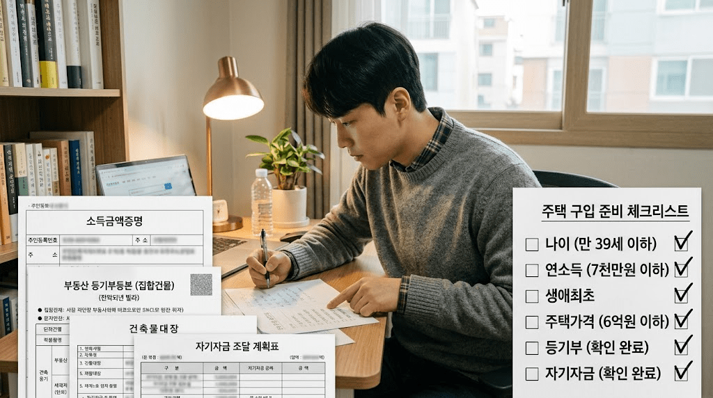 책상에 펼친 서류를 검토하는 남성