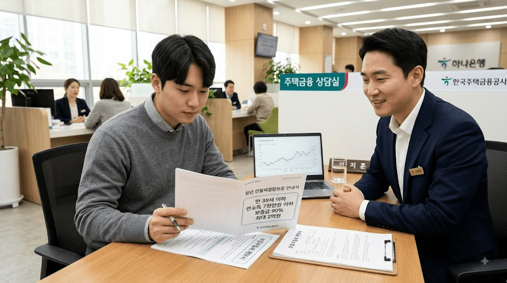 상담 창구에서 서류를 함께 검토하는 두 사람