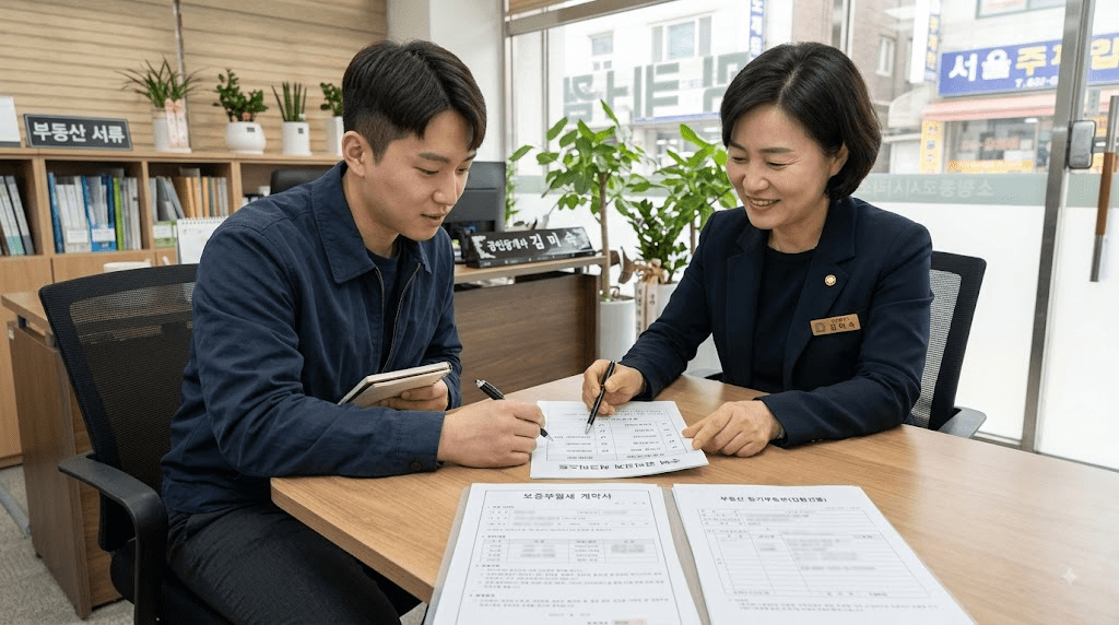상담 창구에서 서류를 함께 검토하는 두 사람