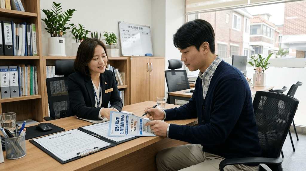 상담 창구에서 서류를 함께 검토하는 두 사람