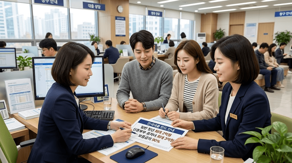 상담사와 신청 서류를 확인하는 부부