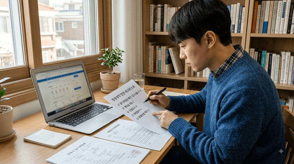노트북 또는 컴퓨터 화면과 서류를 확인하는 남성