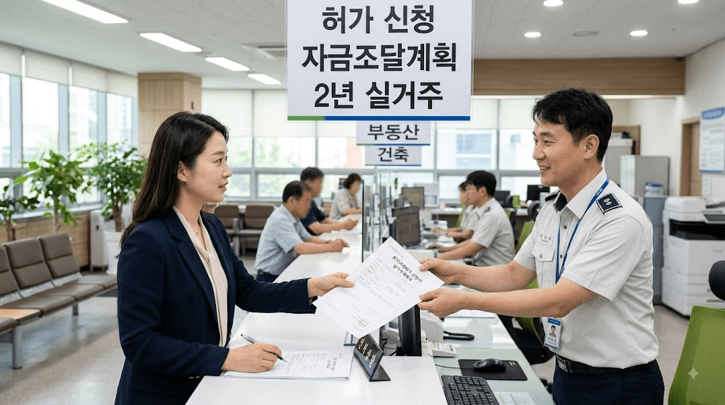 창구에서 신청 절차를 안내받는 사람들