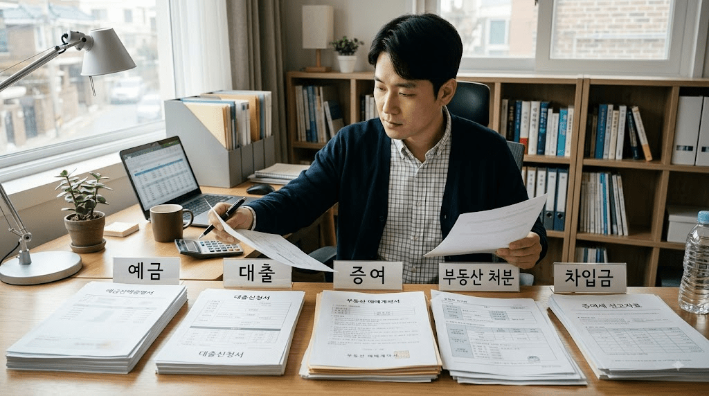노트북 또는 컴퓨터 화면과 서류를 확인하는 남성