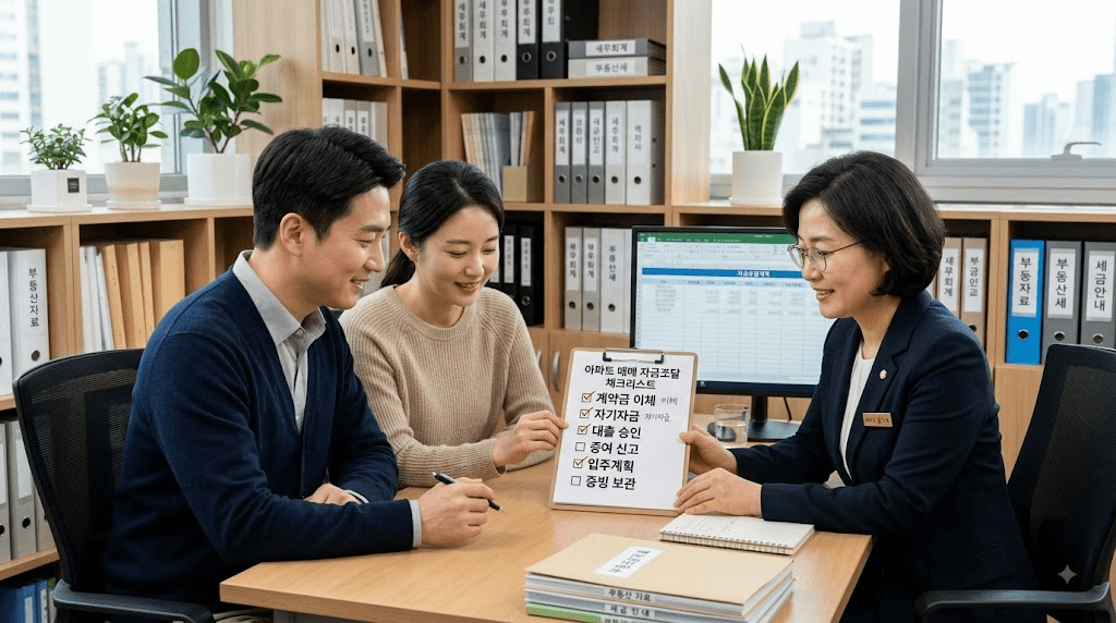 상담사와 신청 서류를 확인하는 부부