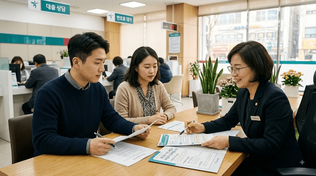 상담 창구에서 서류를 함께 검토하는 두 사람