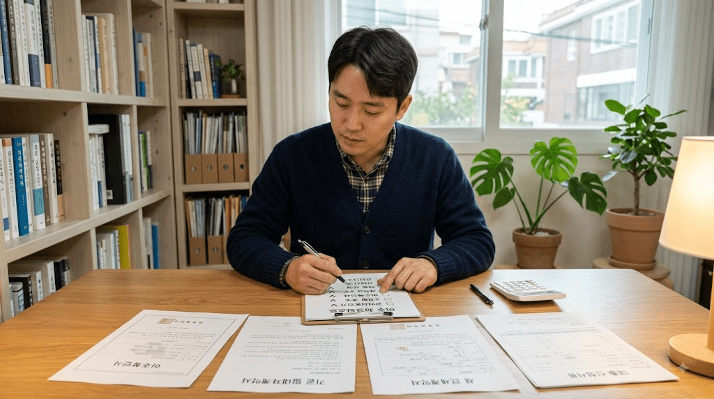책상에 펼친 서류를 검토하는 남성