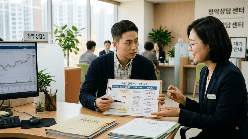 상담 창구에서 서류를 함께 검토하는 두 사람