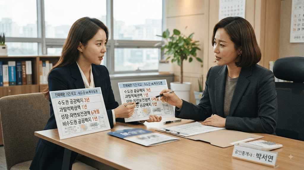 상담 창구에서 서류를 함께 검토하는 두 사람