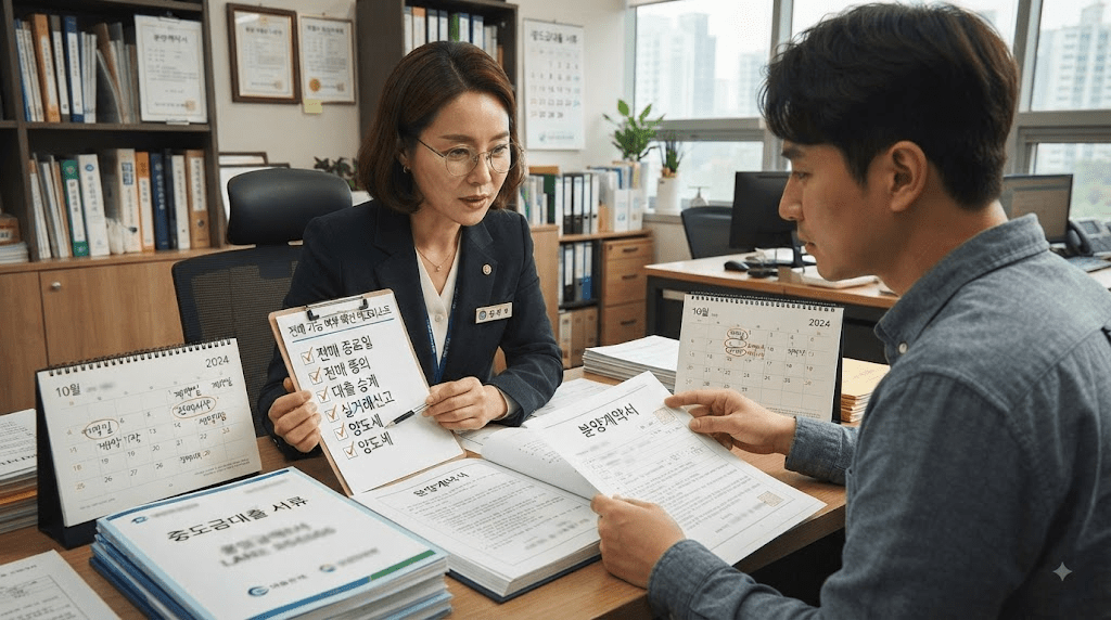 상담 창구에서 서류를 함께 검토하는 두 사람