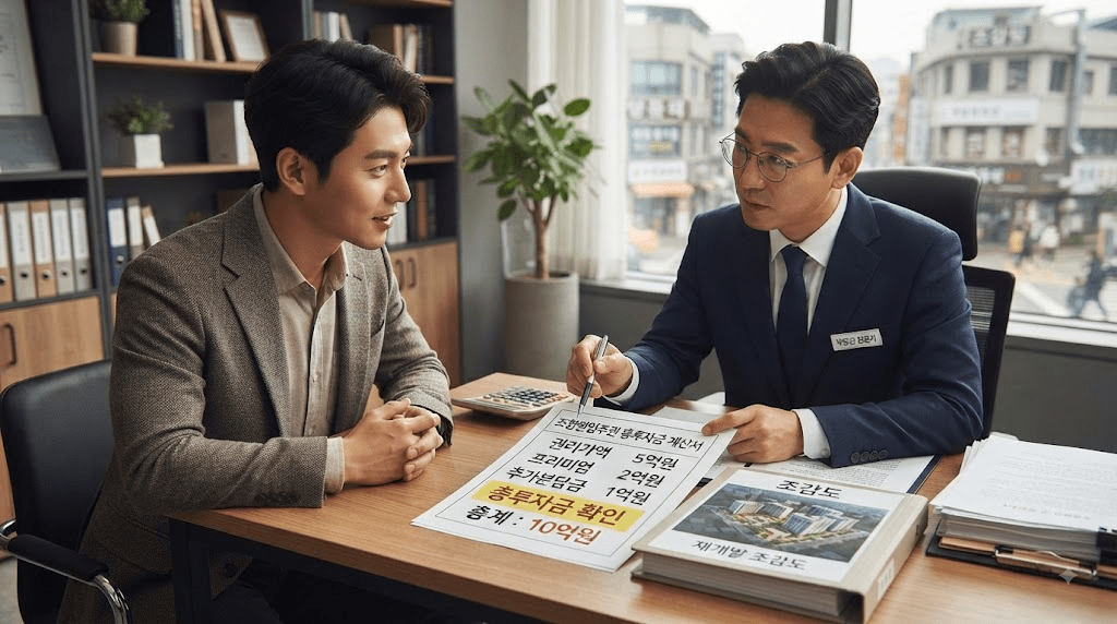 상담 창구에서 서류를 함께 검토하는 두 사람