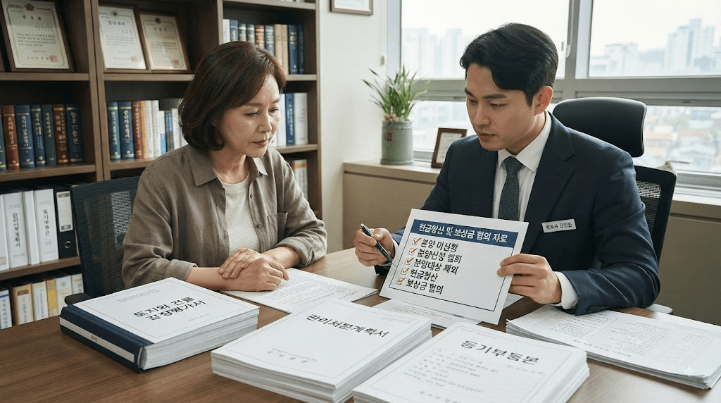 상담 창구에서 서류를 함께 검토하는 두 사람