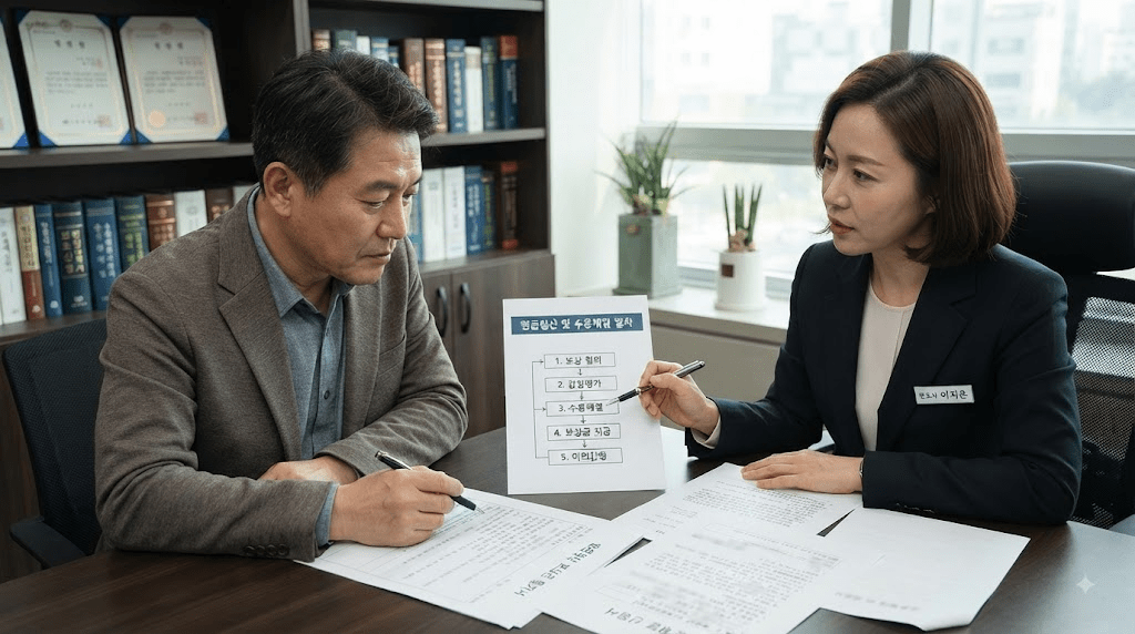 상담 창구에서 서류를 함께 검토하는 두 사람