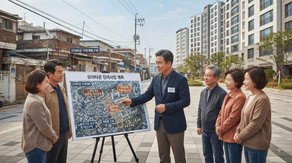 건물 앞에서 지역 지도를 확인하는 사람들