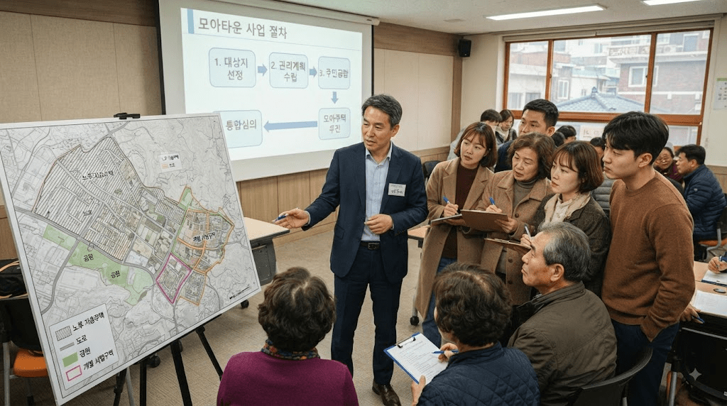 지역 지도 앞에서 자료를 설명하는 발표자와 참석자들