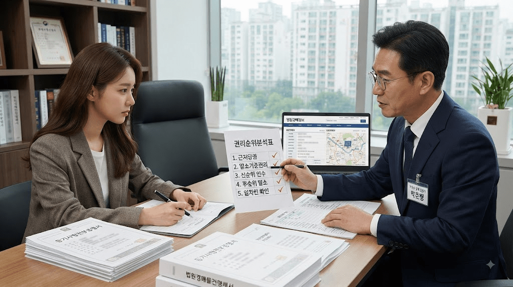 상담 창구에서 서류를 함께 검토하는 두 사람