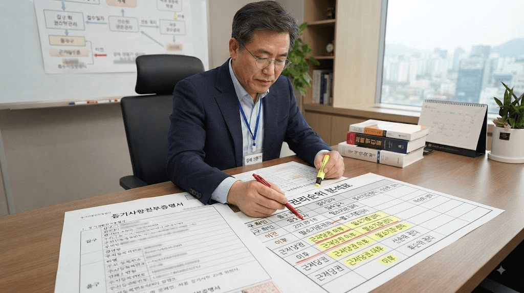 책상에 펼친 서류를 검토하는 남성