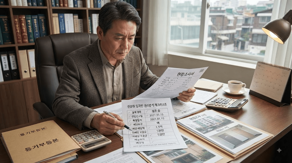 책상에 펼친 서류를 검토하는 남성