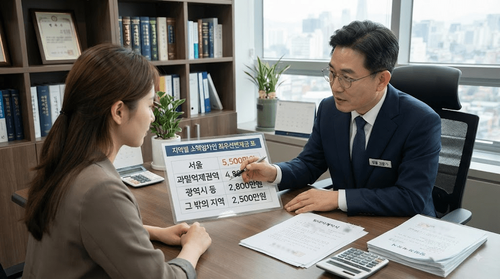 상담 창구에서 서류를 함께 검토하는 두 사람