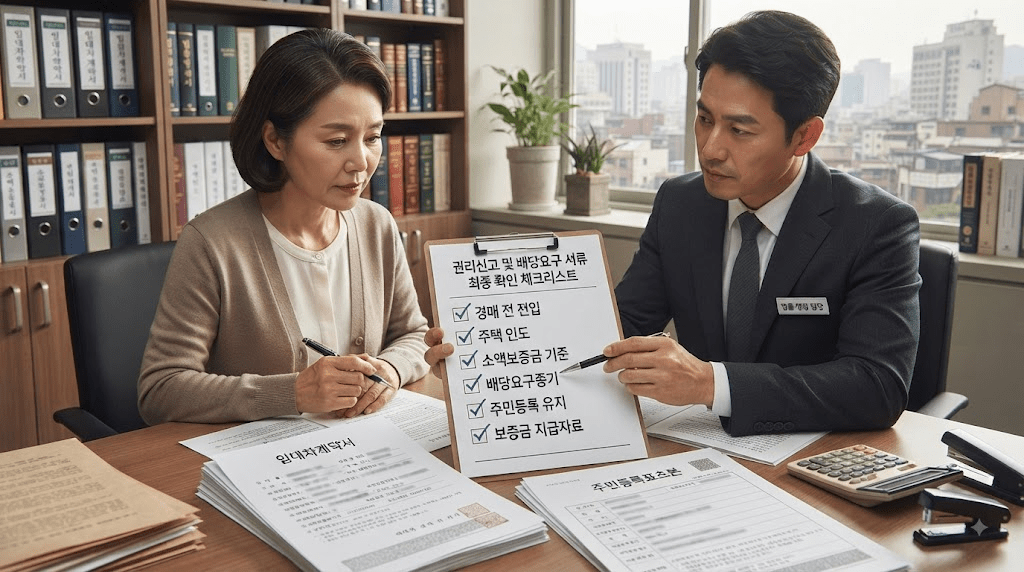 상담 창구에서 서류를 함께 검토하는 두 사람