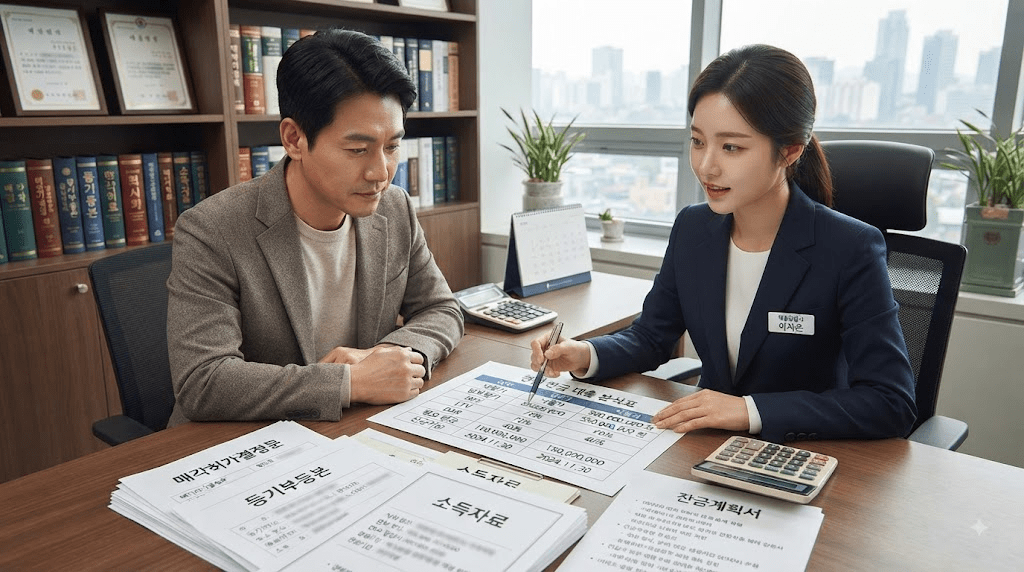 상담 창구에서 서류를 함께 검토하는 두 사람