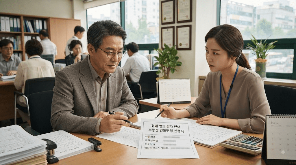 상담 창구에서 서류를 함께 검토하는 두 사람