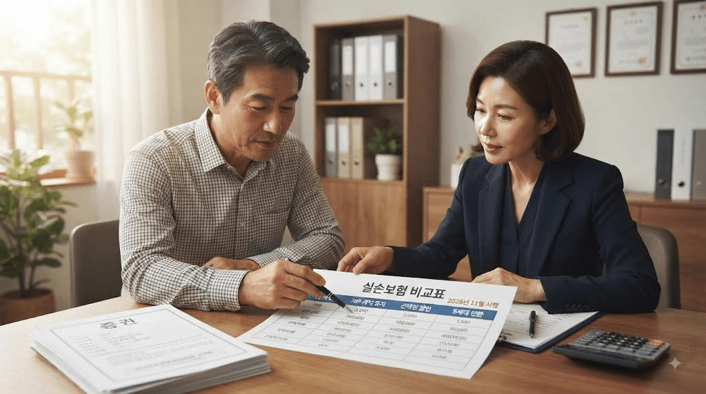 상담 창구에서 서류를 함께 검토하는 두 사람