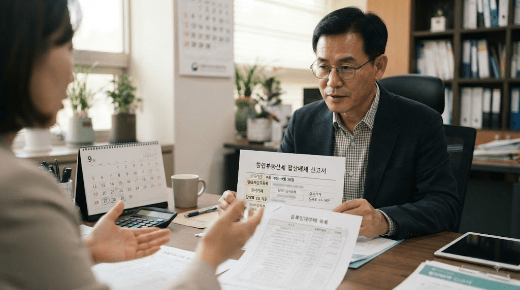 상담 창구에서 서류를 함께 검토하는 두 사람