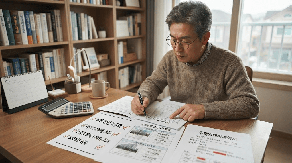 책상에 펼친 서류를 검토하는 남성