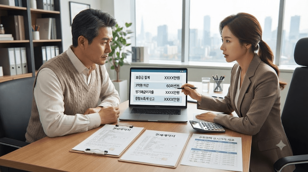 상담 창구에서 서류를 함께 검토하는 두 사람