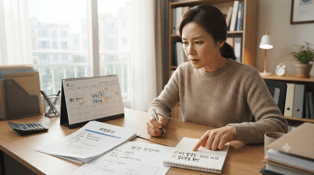 책상에 펼친 서류를 검토하는 여성