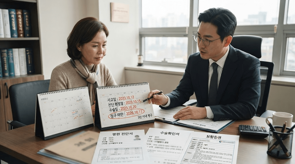 상담 창구에서 서류를 함께 검토하는 두 사람