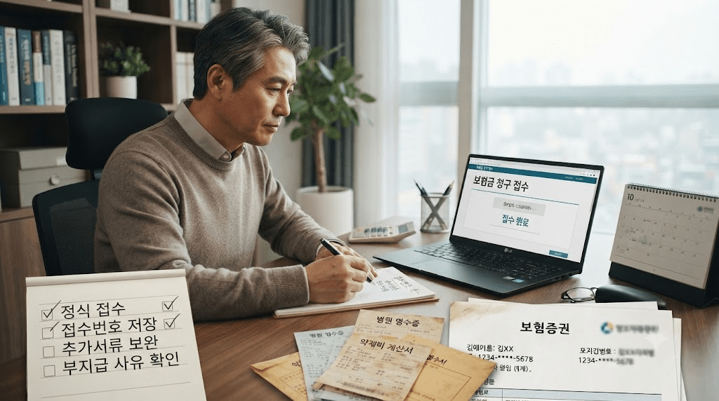 노트북 또는 컴퓨터 화면과 서류를 확인하는 남성