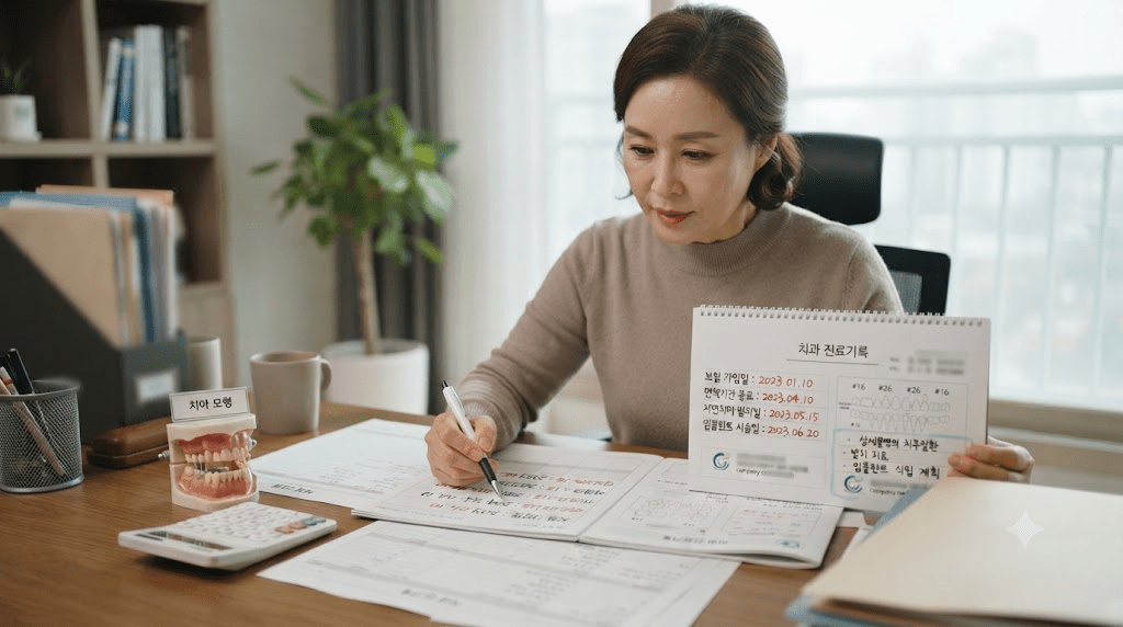 책상에 펼친 서류를 검토하는 여성