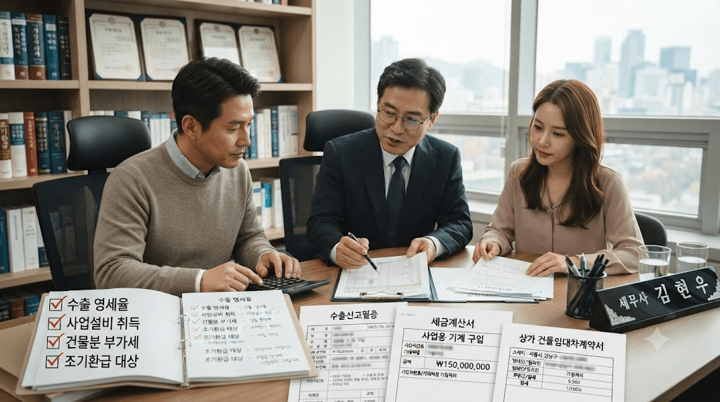 회의 자리에서 자료를 검토하는 사람들